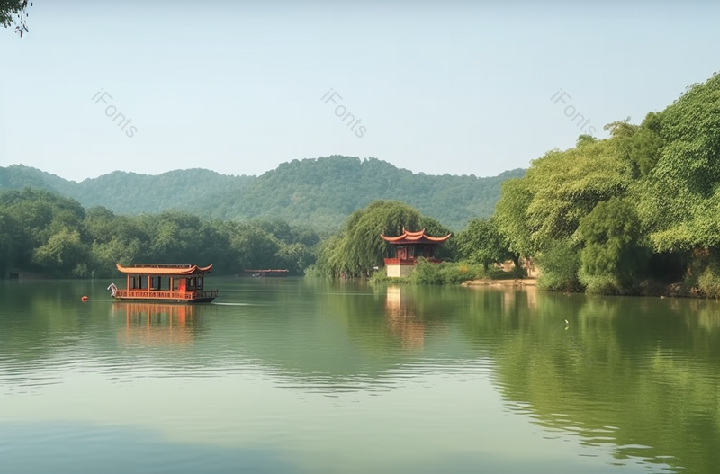 绿色中国风公园里水面上行驶的船只和岸边的树高清摄影图,高清,摄影图,摄影图片,图片大全,摄影图免费下载